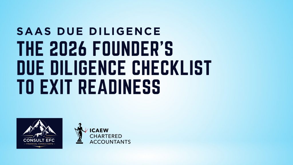 Comprehensive SaaS due diligence checklist for UK founders and investors featuring revenue, tech, and legal workstreams by Consult EFC.