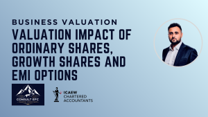 A UK SME founder reviewing a cap table with a corporate finance adviser to compare ordinary shares, growth shares and EMI options.